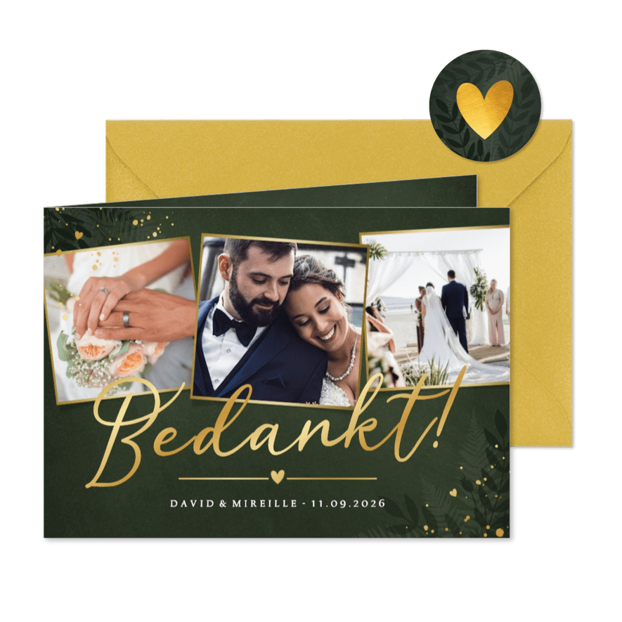 Donkergroene bedankkaart huwelijk met 3 foto's en goudfolie - Kaartimpressie
