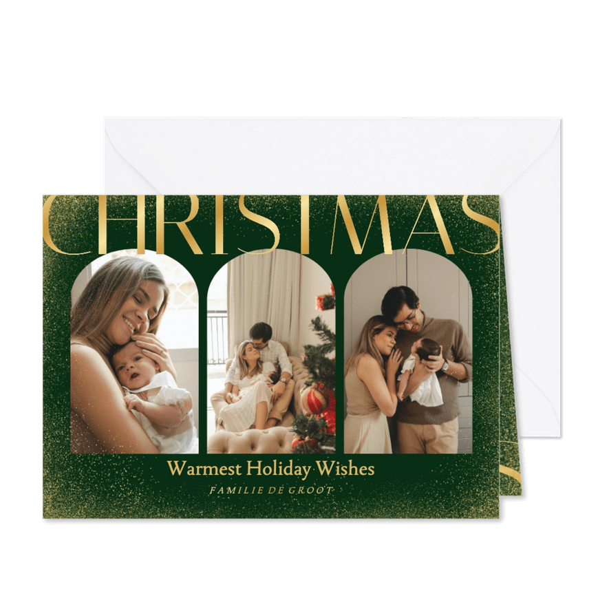 Donkergroene foto kerstkaart met goudlook tekst en glitters - Kaartimpressie