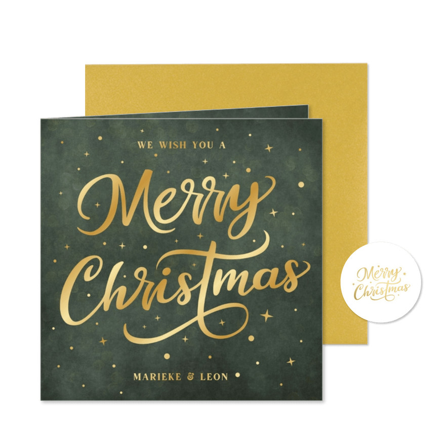 Donkergroene hippe kerstkaart met goudfolie letters - Kaartimpressie