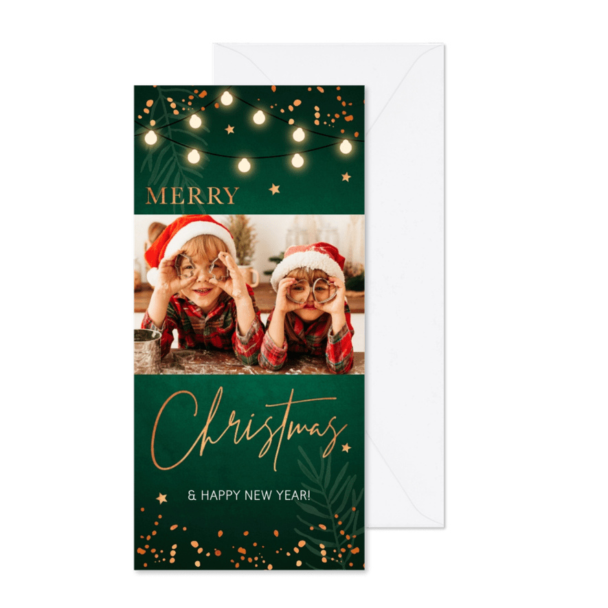 Donkergroene kerstkaart foto confetti koperlook - Kaartimpressie