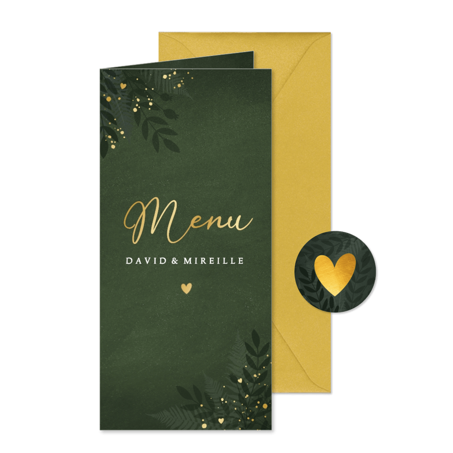 Donkergroene menukaart trouwen jungle met goudfolie - Kaartimpressie