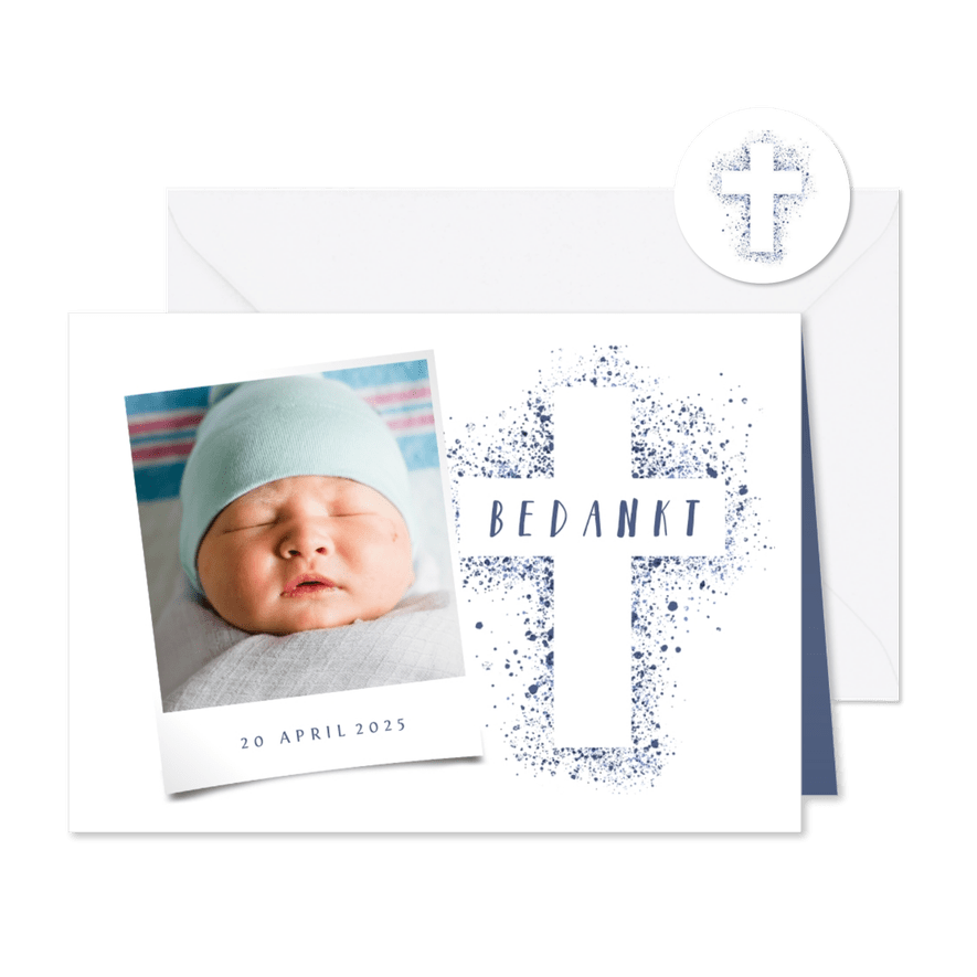 Doop bedankkaart foto blauw kruis verfspetters - Kaartimpressie