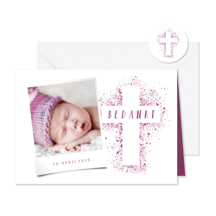 Doop bedankkaart foto roze kruis verfspetters - Kaartimpressie