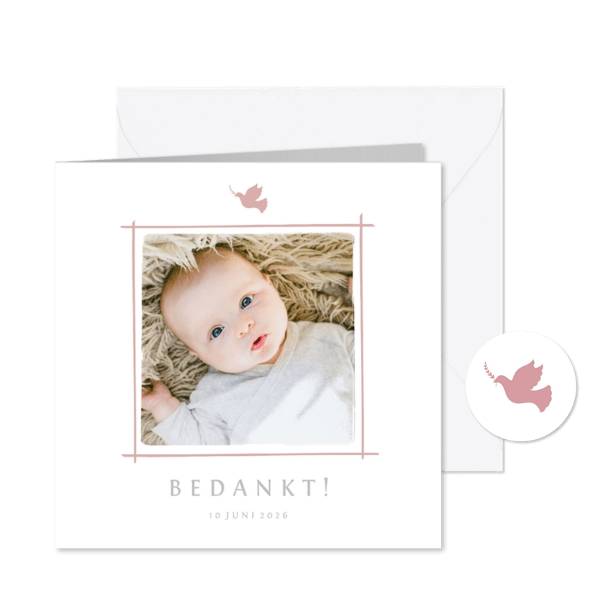 Doop bedankkaartje foto duifje roze - Kaartimpressie