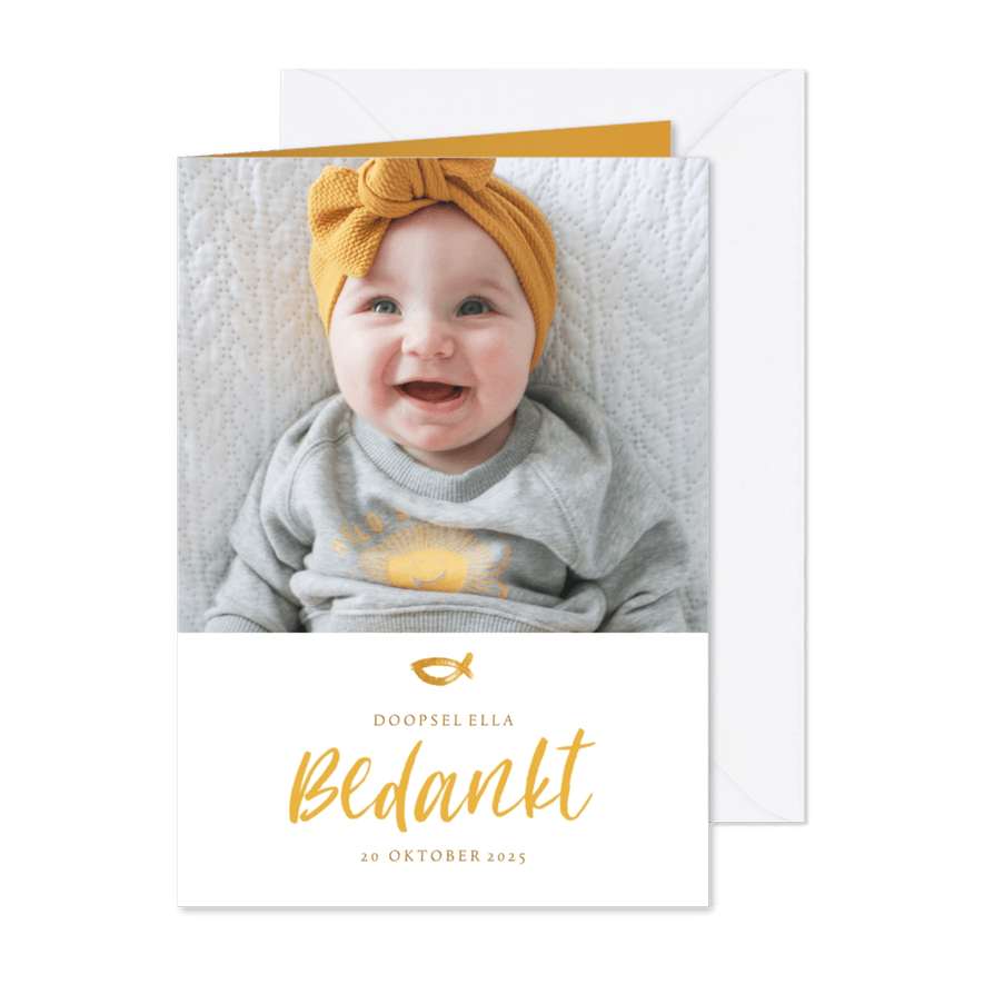 Doop bedankkaartje oker, foto en visje - Kaartimpressie
