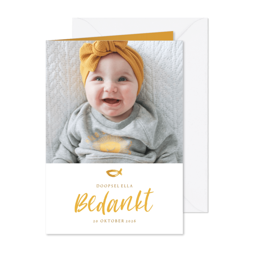 Doop bedankkaartje oker, foto en visje - Kaartimpressie