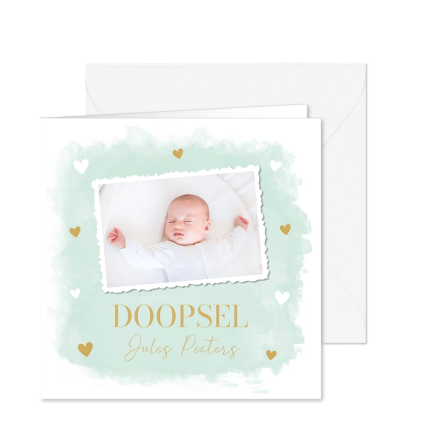 Doop uitnodiging jongen met foto groen watercolour hartjes - Kaartimpressie