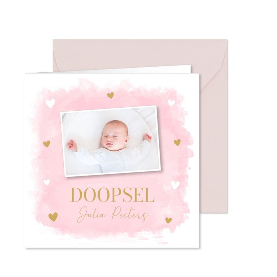Doop uitnodiging meisje met foto roze watercolour hartjes - Kaartimpressie