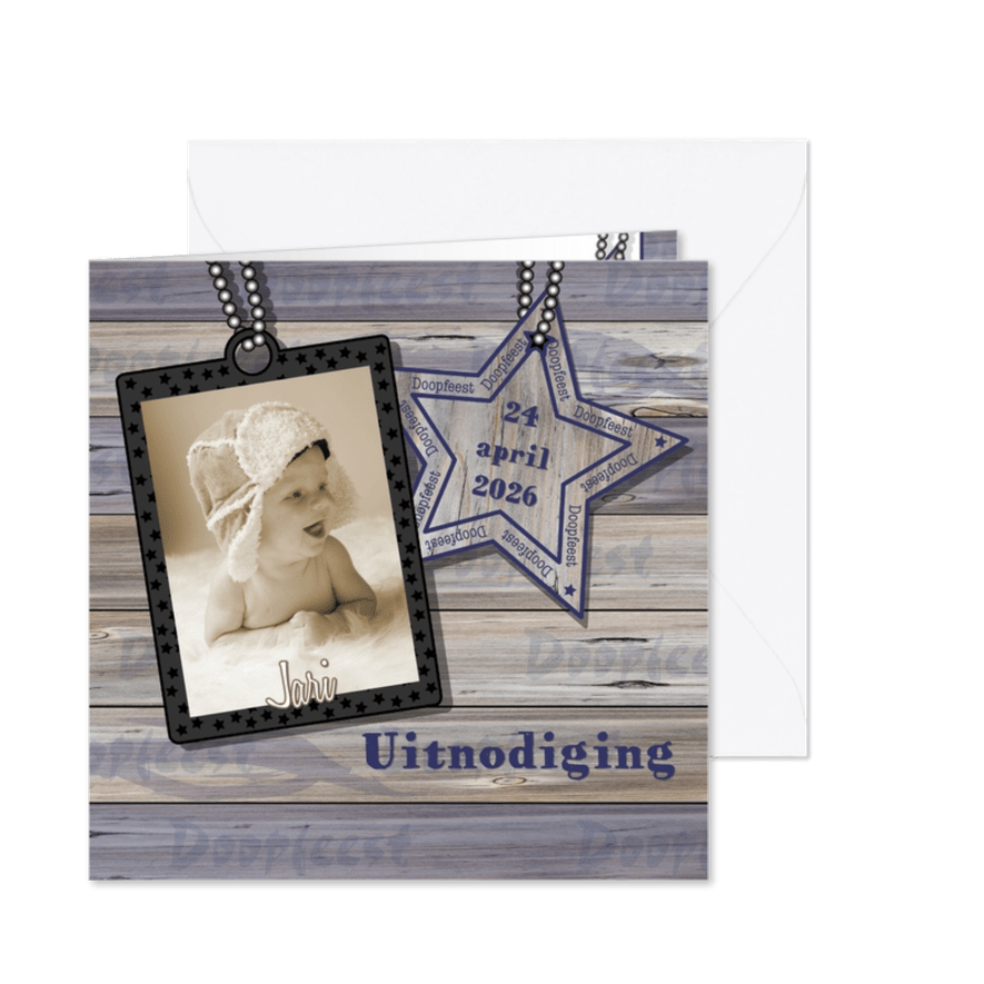 Doop uitnodiging met foto stoer hout ster jongen - Kaartimpressie