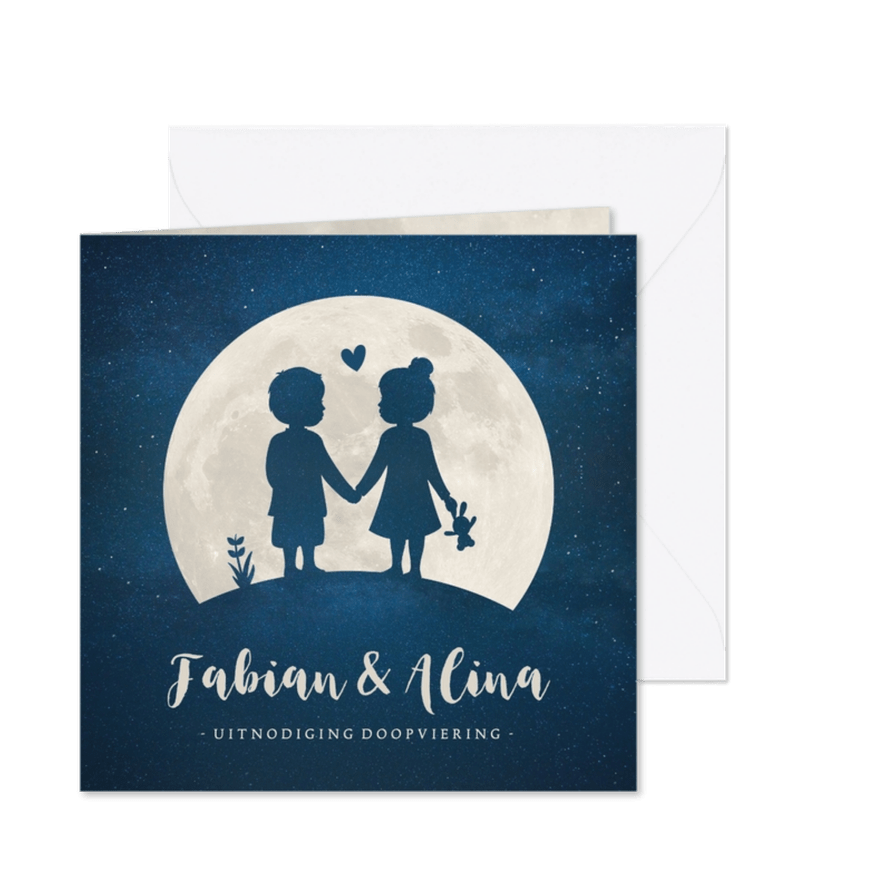 Doop uitnodiging tweeling jongen meisje silhouet met maan - Kaartimpressie