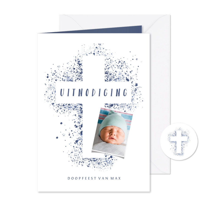 Doopfeest uitnodiging foto blauw kruis verfspetters - Kaartimpressie
