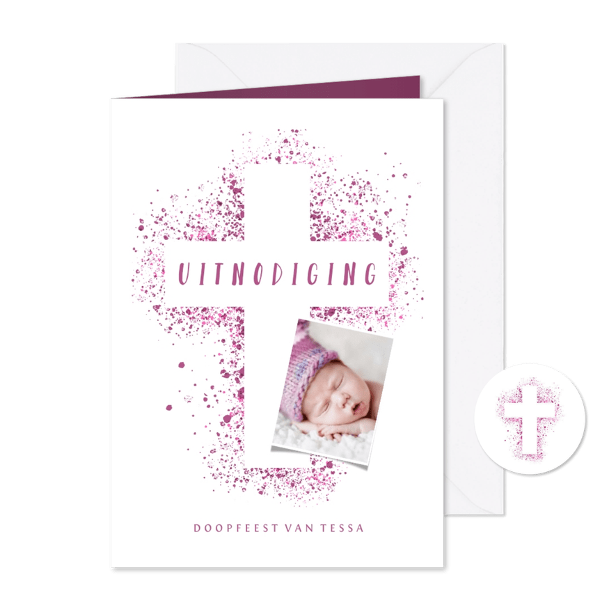 Doopfeest uitnodiging foto roze kruis verfspetters - Kaartimpressie
