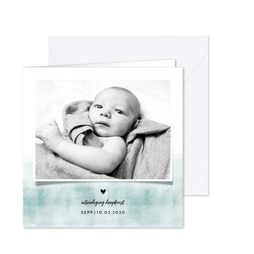 Doopfeest uitnodiging foto stoer blauwgroene waterverf - Kaartimpressie