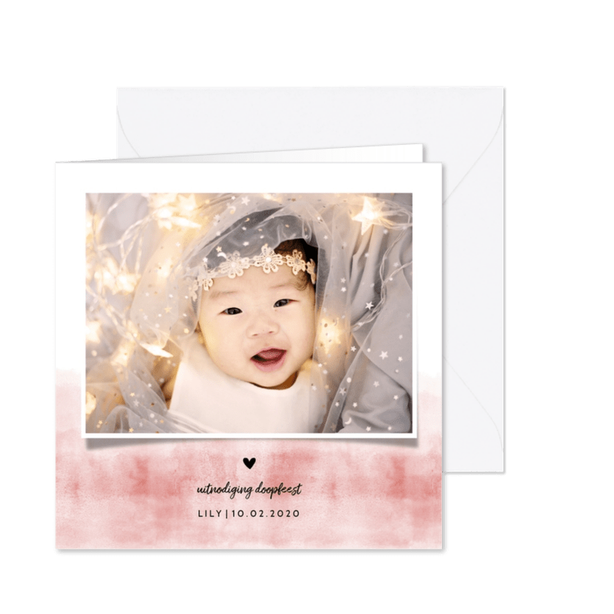 Doopfeest uitnodiging foto stoer roze waterverf - Kaartimpressie