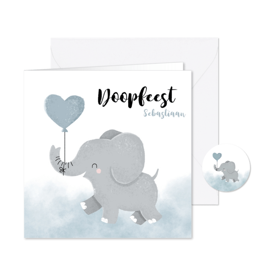 Doopfeest uitnodiging met olifantje en blauwe ballon - Kaartimpressie