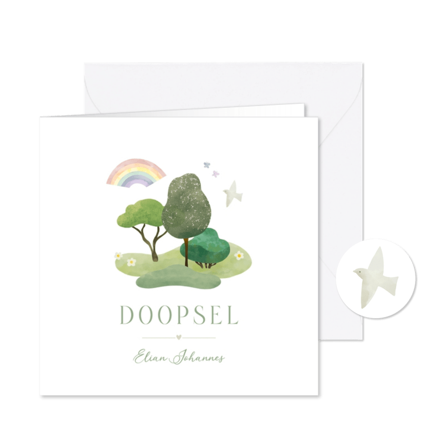 Doopkaart bomen, regenboog en duifje - Kaartimpressie