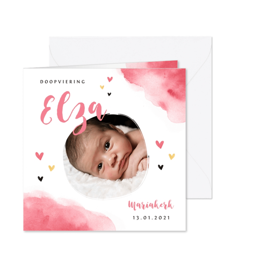 Doopkaart doopviering meisje hip met hartjes en waterverf - Kaartimpressie