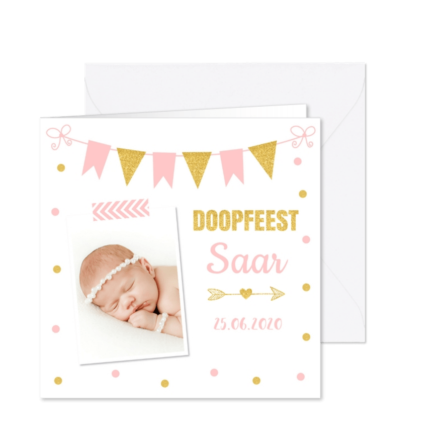 Doopkaart fotocollage confetti goud roze meisje - Kaartimpressie