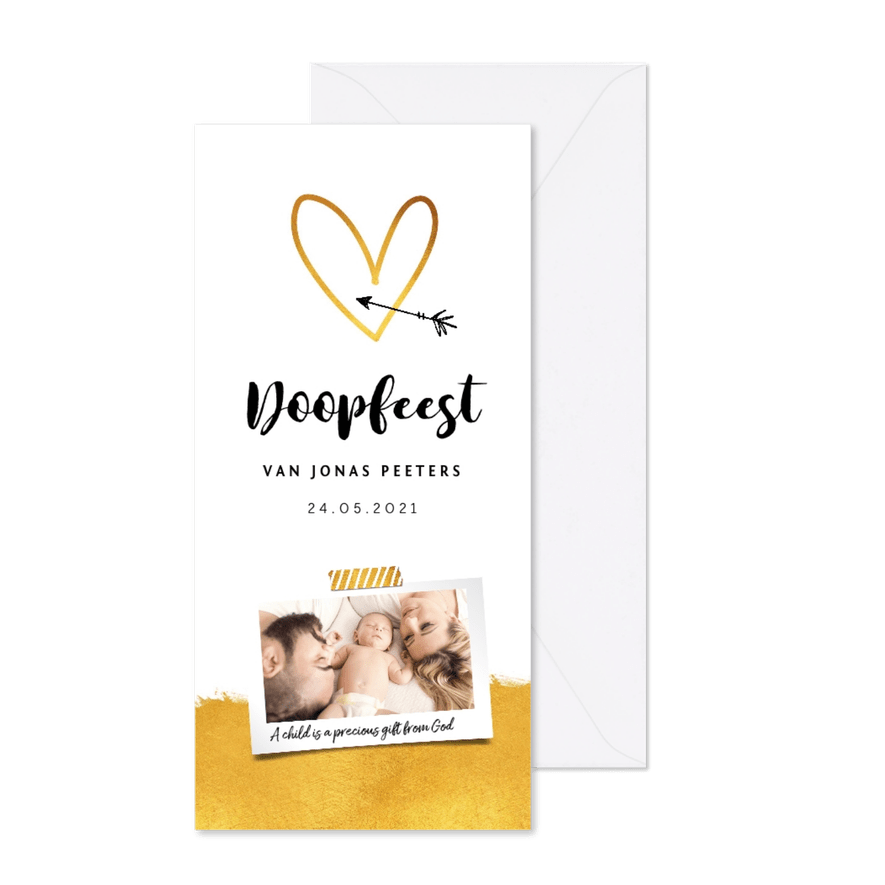 Doopkaart goud met hartje en eigen foto - Kaartimpressie