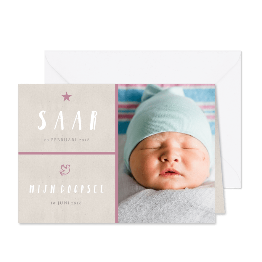Doopkaart grote foto roze kleur aanpasbaar - Kaartimpressie