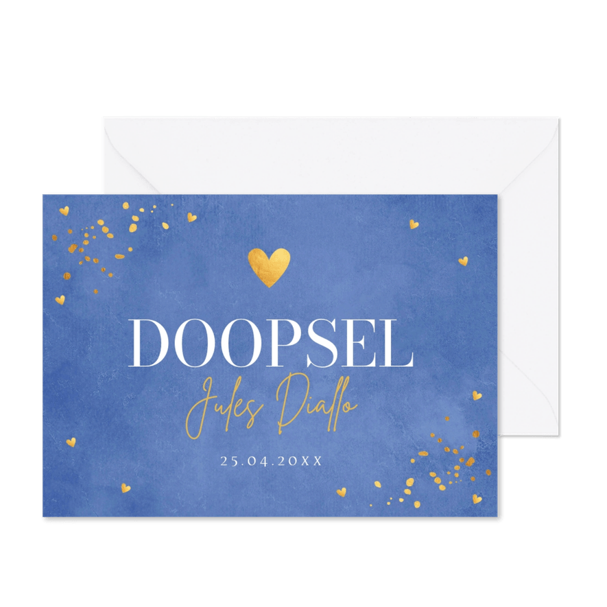 Doopkaart jongen blauw goudlook hartje - Kaartimpressie