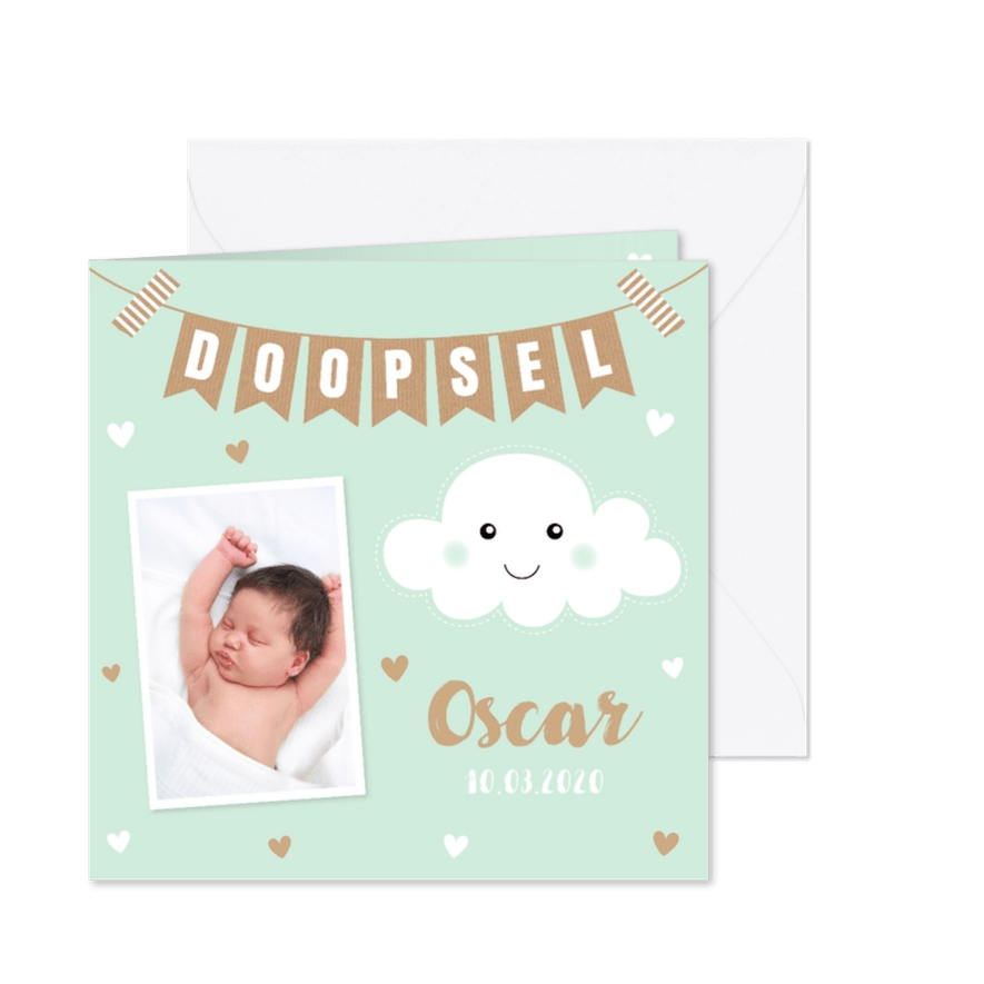 Doopkaart jongen wolkje slinger hartjes foto - Kaartimpressie