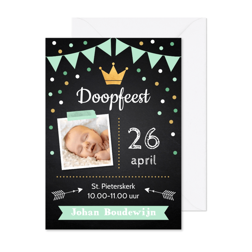Doopkaart krijtbord confetti foto jongen - Kaartimpressie
