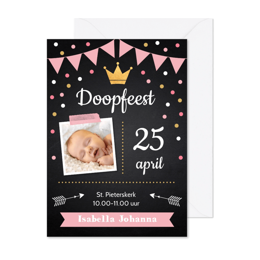 Doopkaart krijtbord confetti meisje foto - Kaartimpressie