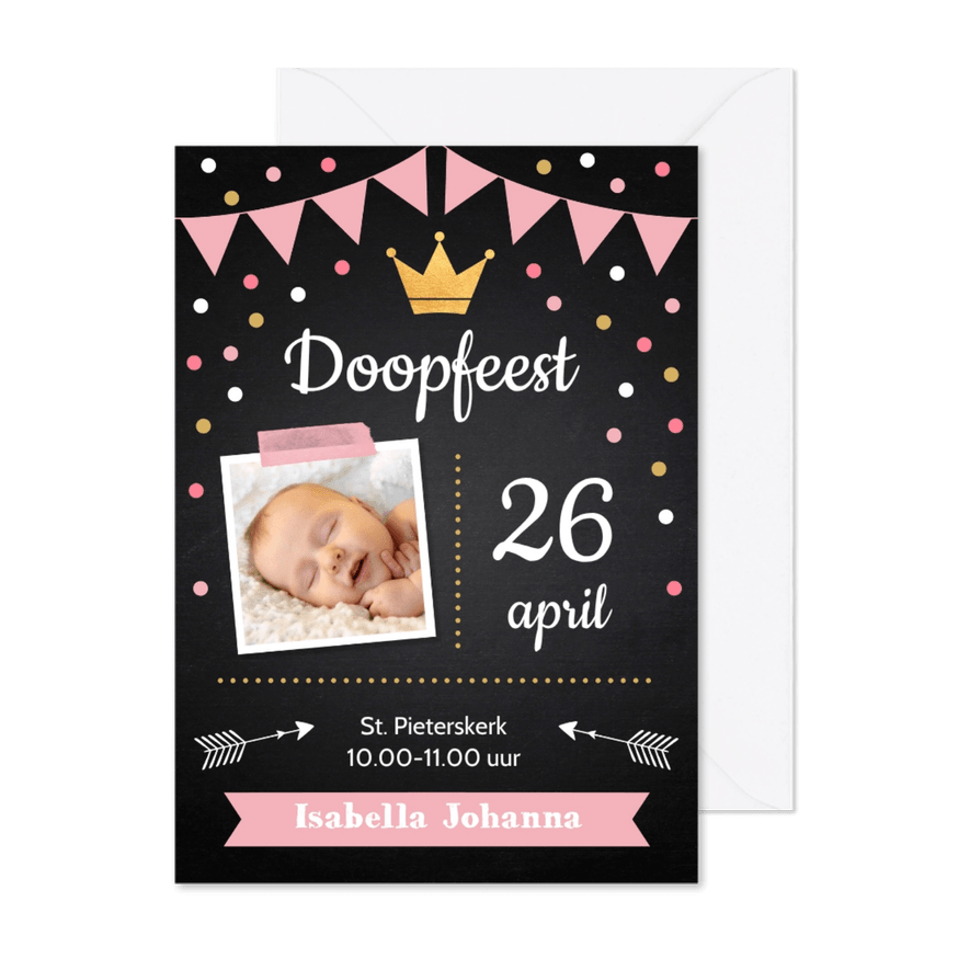 Doopkaart krijtbord confetti meisje foto - Kaartimpressie