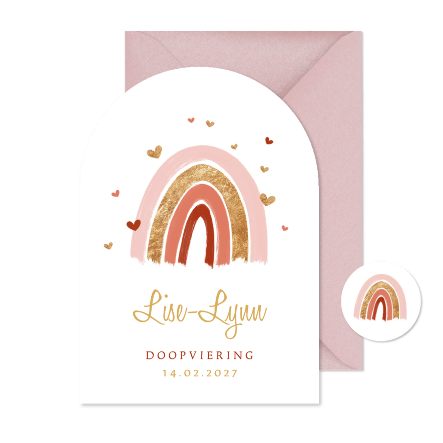 Doopkaart meisje regenboog hartjes goud stijlvol - Kaartimpressie