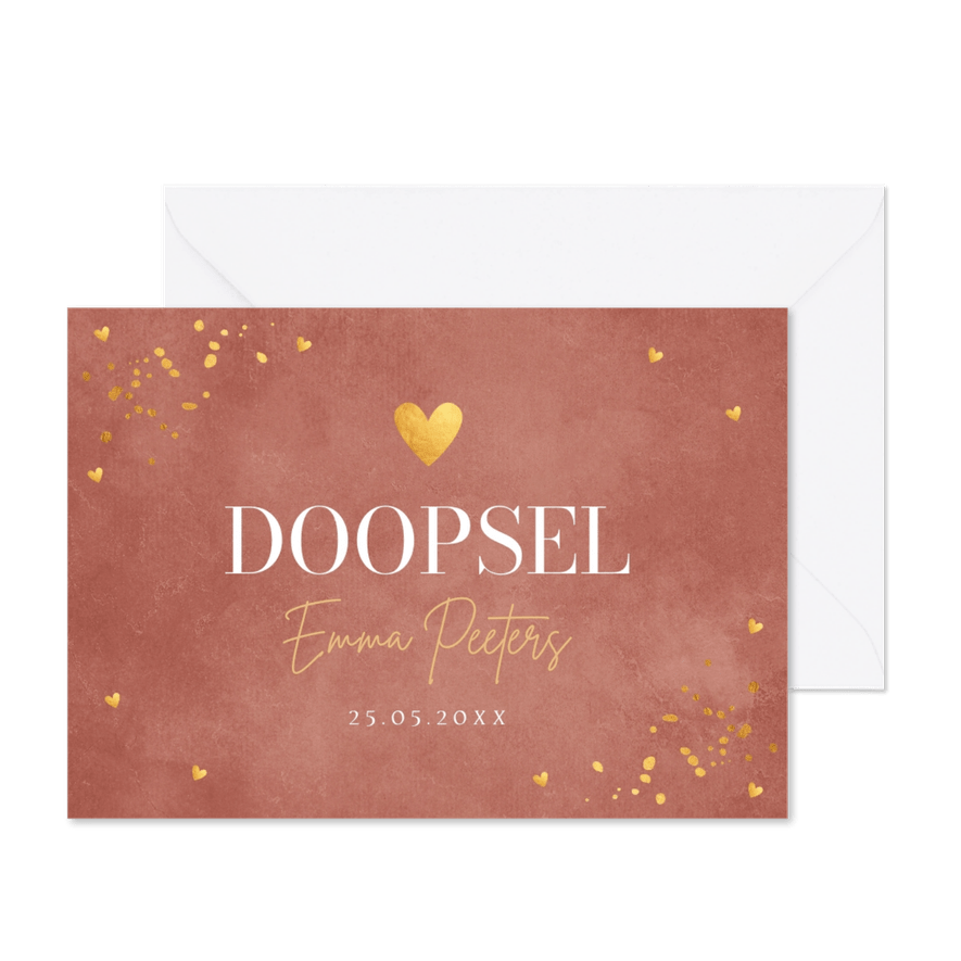 Doopkaart meisje roestbruin hartje goudlook - Kaartimpressie