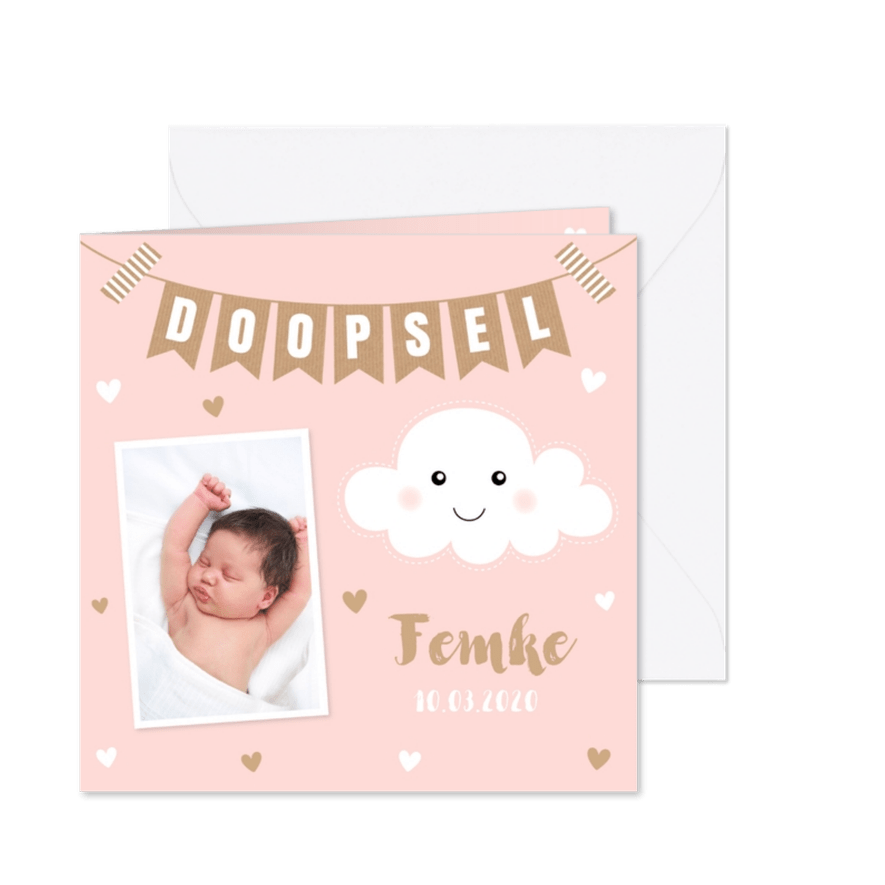 Doopkaart meisje wolkje hartjes slinger roze - Kaartimpressie