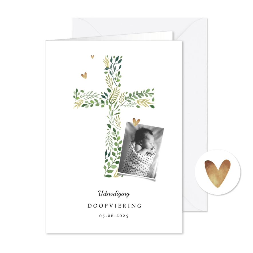 Doopkaart met botanisch kruis en foto - Kaartimpressie