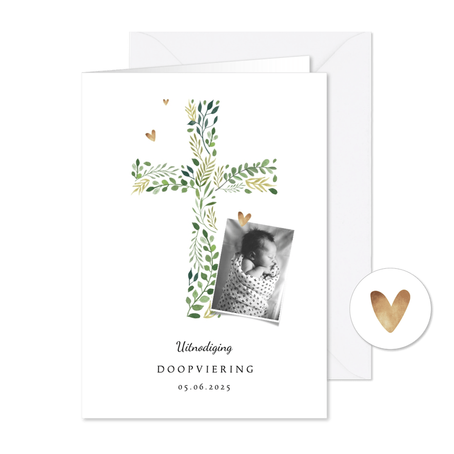 Doopkaart met botanisch kruis en foto - Kaartimpressie