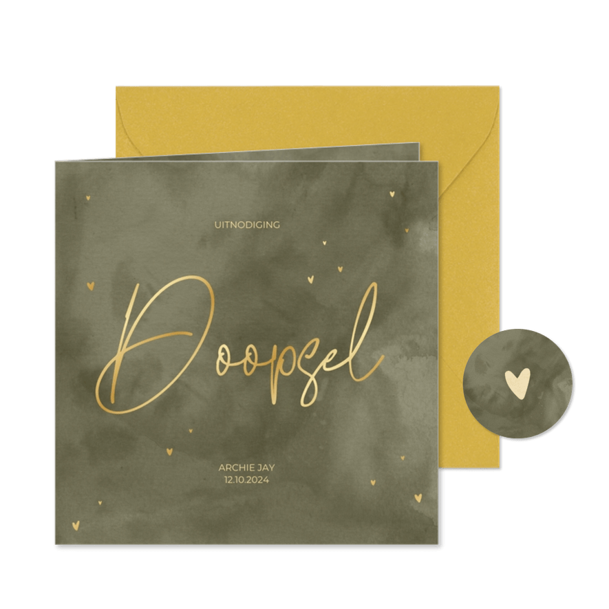 Doopkaart met groene waterverf en goudfolie hartjes - Kaartimpressie