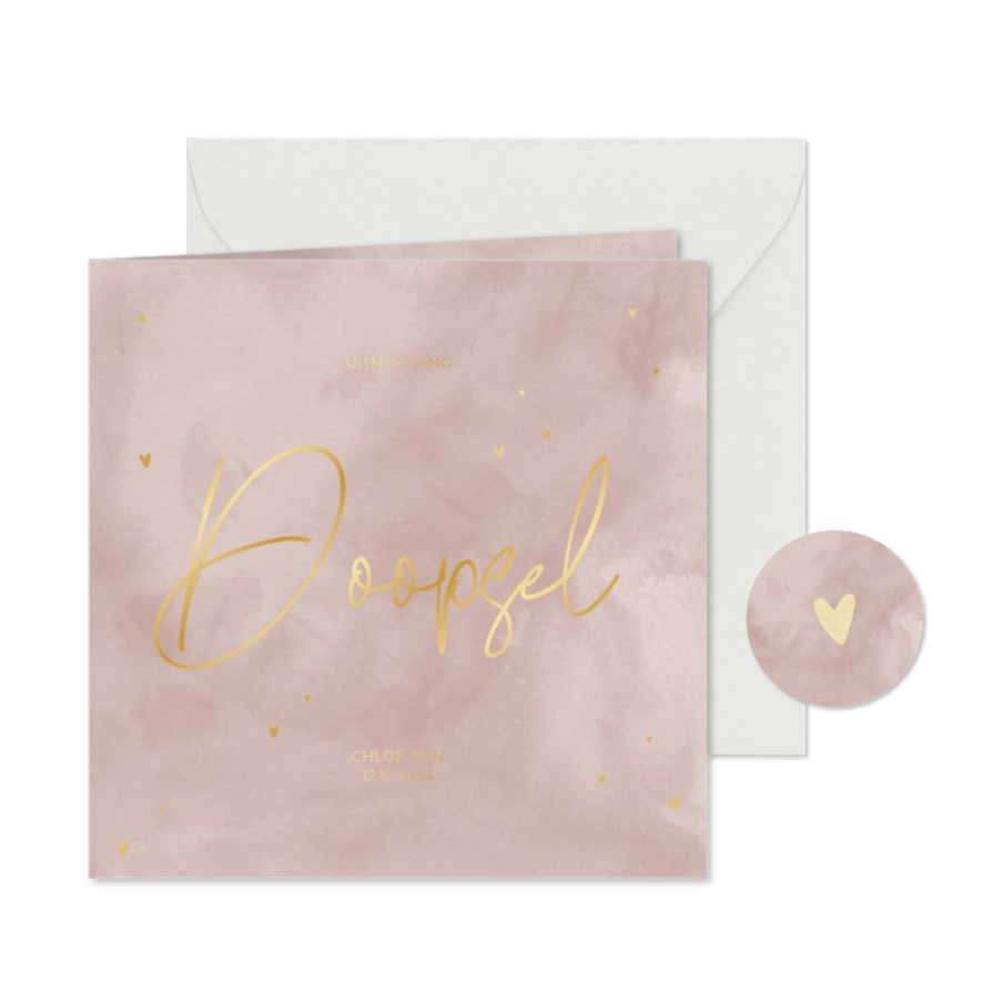 Doopkaart met oudroze waterverf en goudfolie hartjes - Kaartimpressie