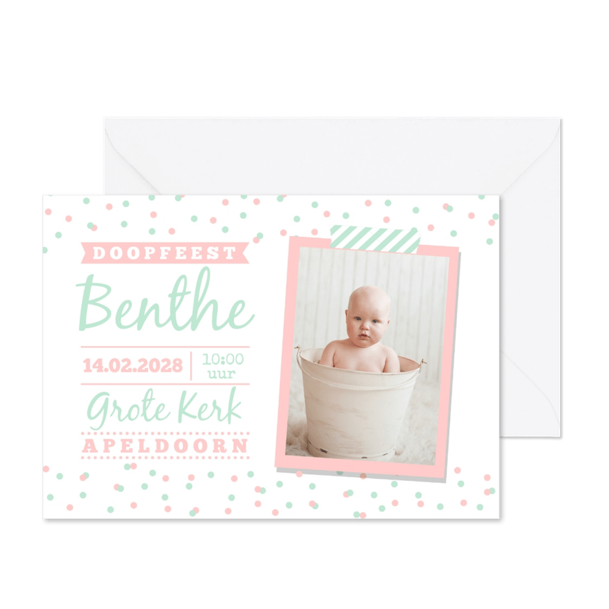 Doopkaart mint roze meisje foto - Kaartimpressie
