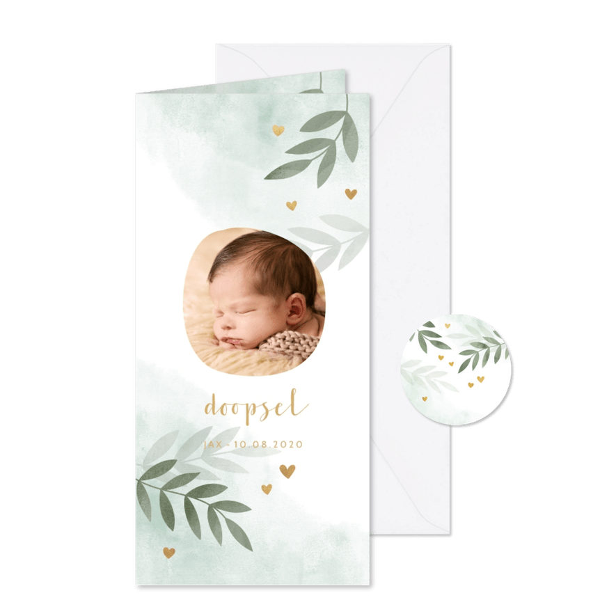 Doopkaart mintgroen waterverf takjes gouden hartjes - Kaartimpressie