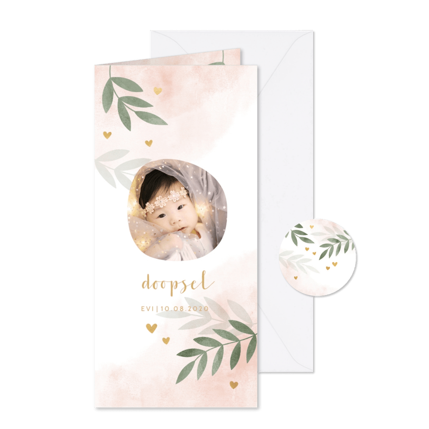 Doopkaart roze waterverf takjes gouden hartjes - Kaartimpressie