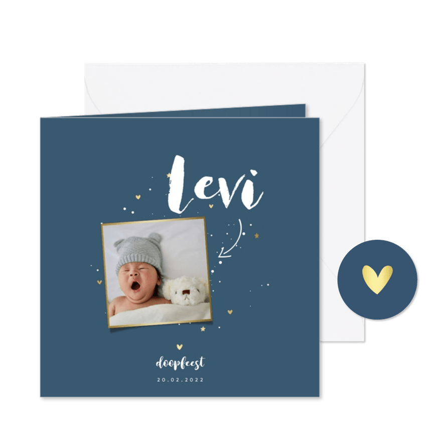 Doopkaart simpel met goudlook hartjes en sterretjes - Kaartimpressie