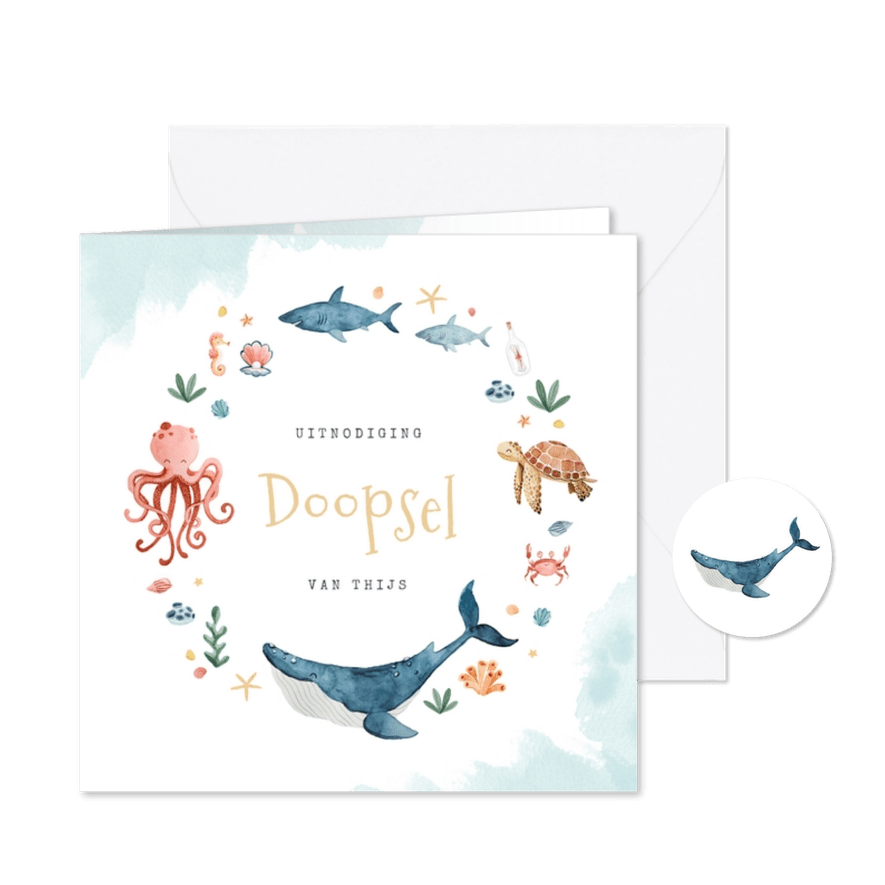 Doopkaart uitnodiging doopsel oceaan dieren walvis - Kaartimpressie