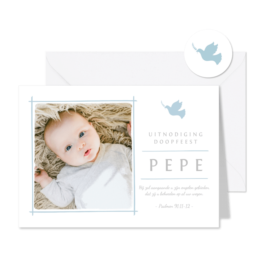 Doopkaart uitnodiging foto duifje lichtblauw - Kaartimpressie