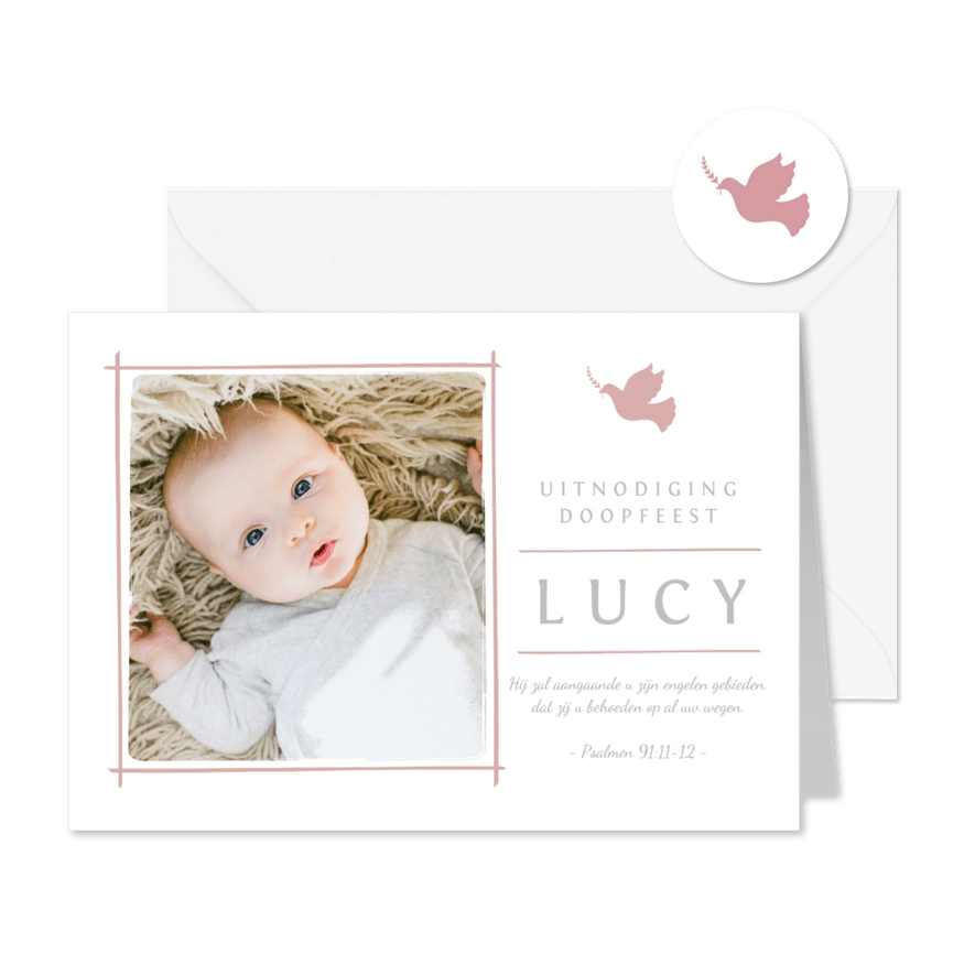 Doopkaart uitnodiging foto duifje roze - Kaartimpressie