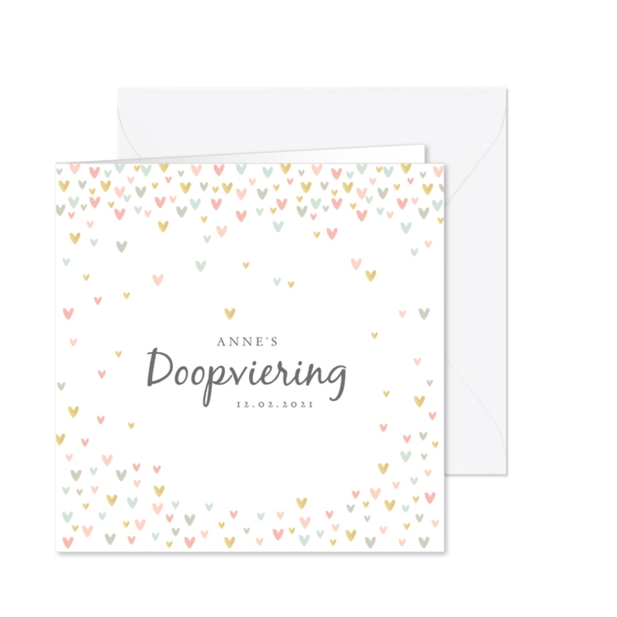 Doopkaart uitnodiging meisje lief met hartjes - Kaartimpressie