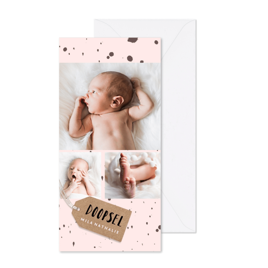 Doopkaart uitnodiging roze, fotos & labeltje - Kaartimpressie