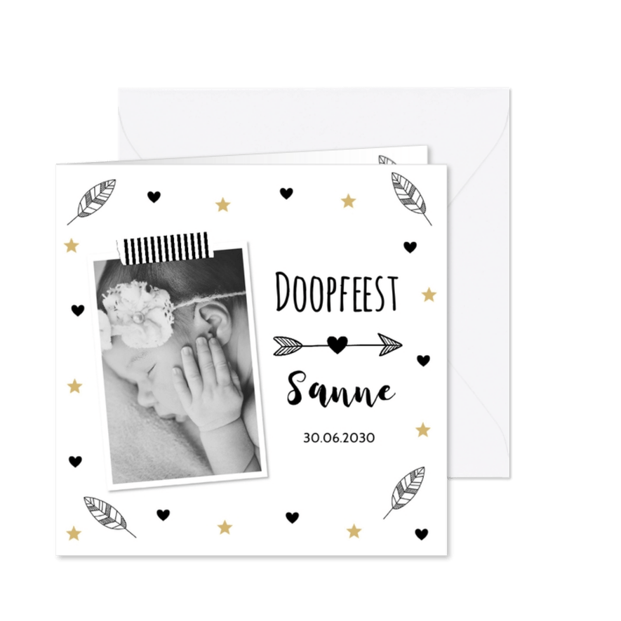 Doopkaart veertjes hartjes foto - Kaartimpressie