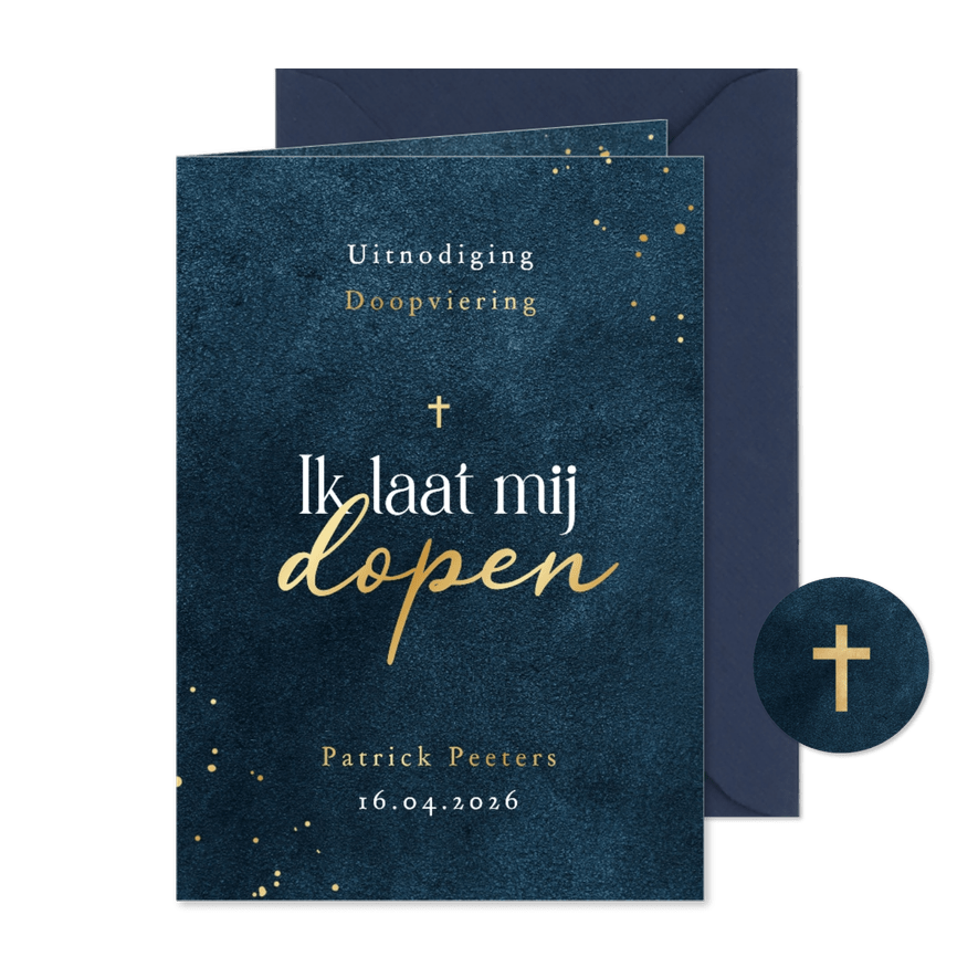 Doopkaart volwassen doop uitnodiging goud blauw kruisje - Kaartimpressie
