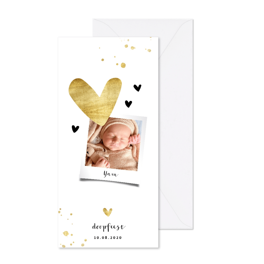 Doopkaartje hartjes en gouden spetters langwerpig - Kaartimpressie