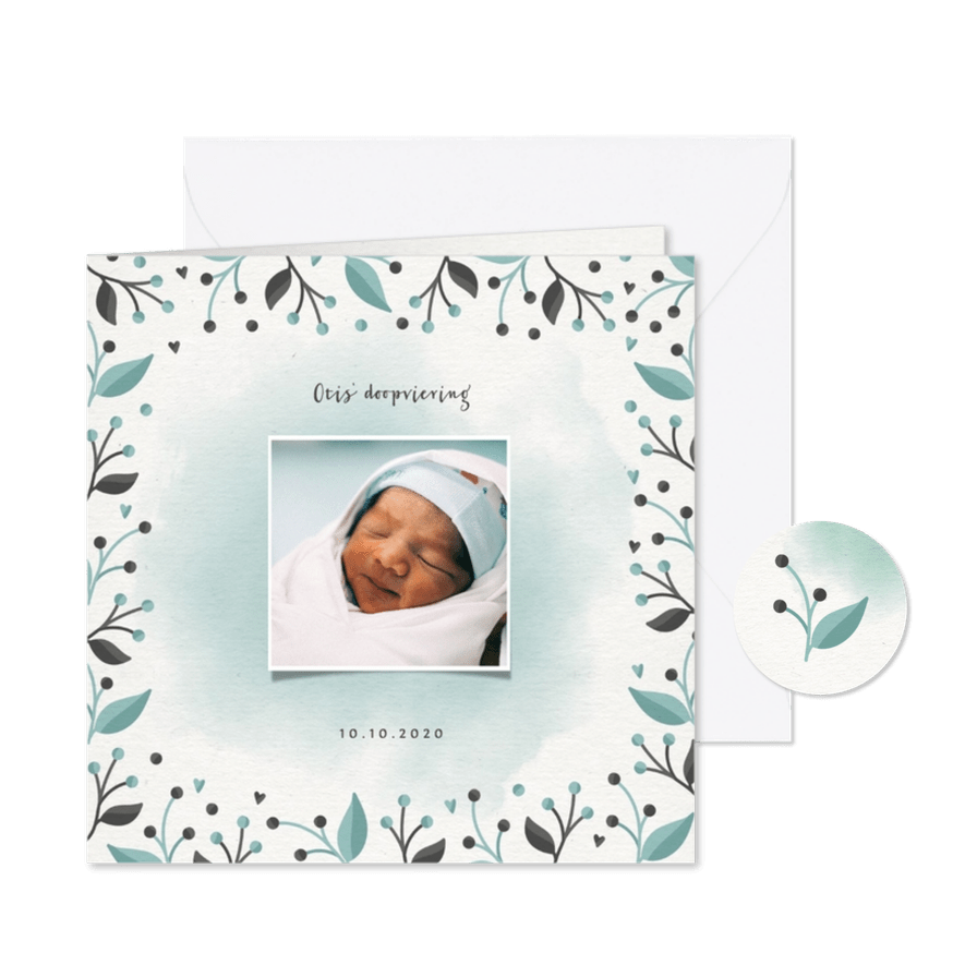  Doopkaartje jongen met takjes, foto en waterverf - Kaartimpressie