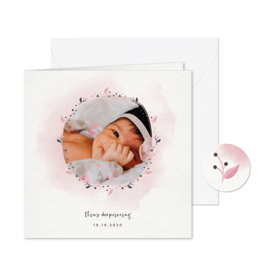 Doopkaartje meisje met takjes, waterverf en foto - Kaartimpressie